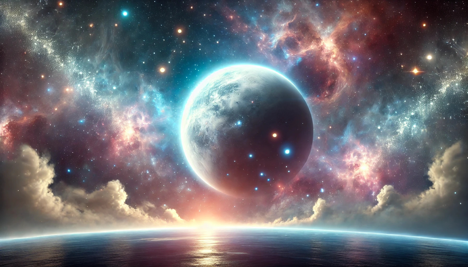 DALL·E 2024 07 14 23.54.51   A tranquil and inspiring cosmic scene featuring a beautifully detailed planet, surrounded by ethereal and colorful nebulae. The scene is in a landscap